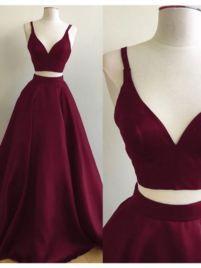 Charming Two Piece A-Line V Neck Open Back Burgundy Satin Long Prom Dresses,Evening Party Dresses,Formal Gown