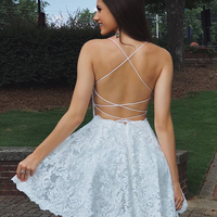 Modest A-Line Scoop Neck Cross Back White Lace Short Homecoming Dresses,Cocktail Party Dresses - Thumbnail 1