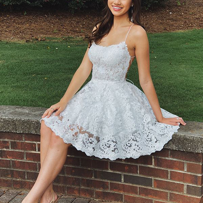 Modest a-line scoop neck cross back white lace short homecoming dresses,cocktail party dresses - Thumbnail 4