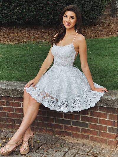 Modest A-Line Scoop Neck Cross Back White Lace Short Homecoming Dresses,Cocktail Party Dresses