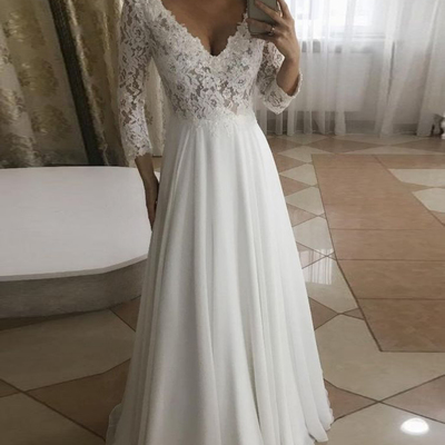 Elegant a-line v neck long sleeve white chiffon long wedding dresses - Thumbnail 4