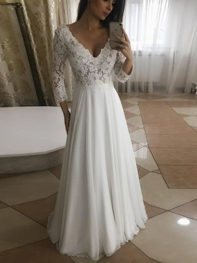 Elegant A-Line V Neck Long Sleeve White Chiffon Long Wedding Dresses