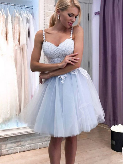 Cute A-Line Sweetheart with Straps Blue Tulle Short Homecoming Dresses Appliques Back to School Dresses