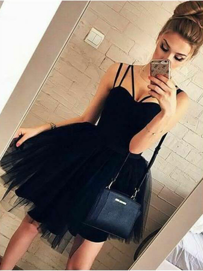 Cute Sweetheart Spaghetti Straps Black Tulle Short Homecoming Dresses, Short Party Dresses, Daily Dresses