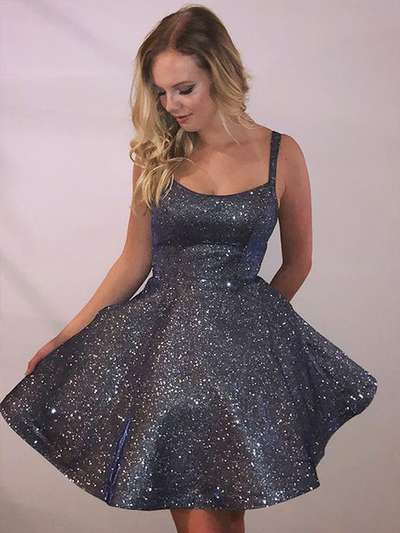 Fashion Sparkly Sweetheart Spaghetti Cross Back Short Homecoming Dresses with Pockets, Short Cocktail Dresses