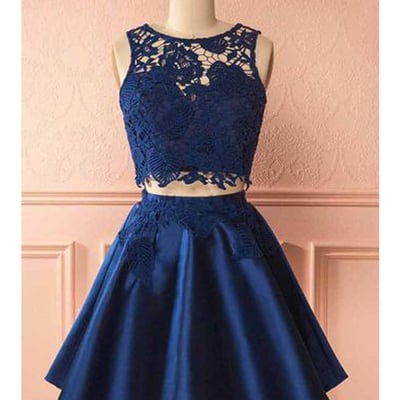 Cute a line round neck two piece navy blue lace short homecoming dresses, short party dresses with pockets under 100 - Thumbnail 3