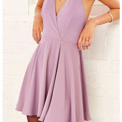 Simple v neck cross back pink chiffon short hoco dresses under 100, cute party dresses - Thumbnail 5