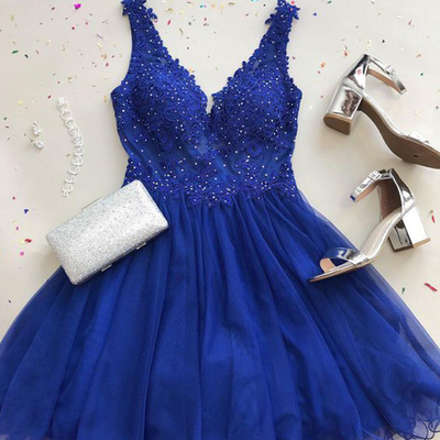 Cute a line v neck royal blue lace short hoco dress with beading, short party dresses - Thumbnail 5