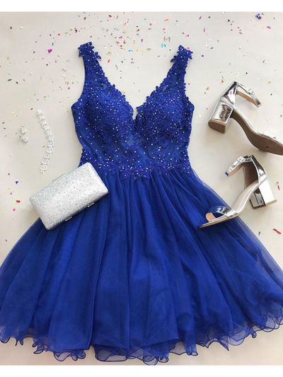 Cute A Line V Neck Royal Blue Lace Short Hoco Dress with Beading, Short Party Dresses