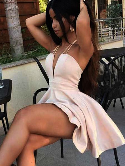 Cute A Line V Neck Spaghetti Straps Blush Satin Homecoming Dresses, Daily Casual Dresses, Party Dresses Under 100
