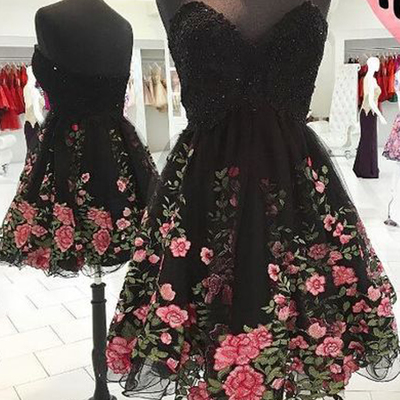 Cute a line sweetheart black flowers short homecoming dresses with appliques, beautiful short homecoming dresses with beading - Thumbnail 1