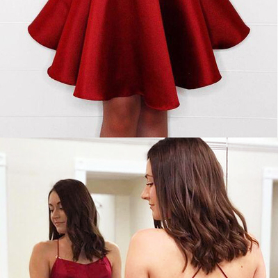 Simple a-line scoop neck cross back red satin short prom dresses,homecoming dresses under 100 - Thumbnail 3