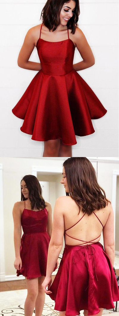 Simple A-Line Scoop Neck Cross Back Red Satin Short Prom Dresses,Homecoming Dresses Under 100