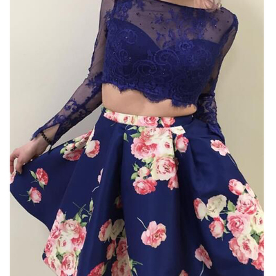 Elegant two piece long sleeves navy blue short homecoming dresses with pockets, short party dresses with lace - Thumbnail 3