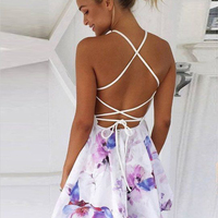 Cute A Line Two Piece Spaghetti Cross Back Short Homecoming Dresses, Printed Short Prom Dresses with Pockets - Thumbnail 1