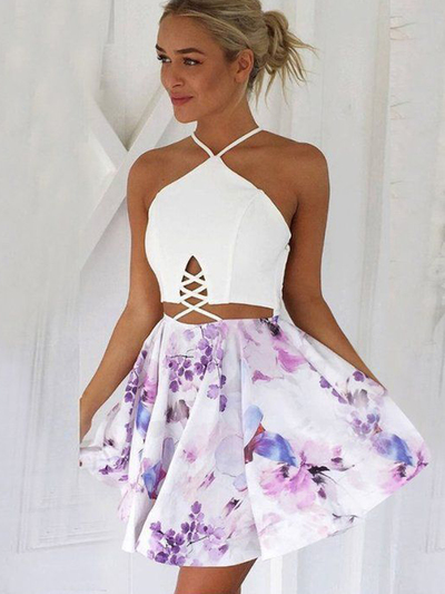 Cute A Line Two Piece Spaghetti Cross Back Short Homecoming Dresses, Printed Short Prom Dresses with Pockets