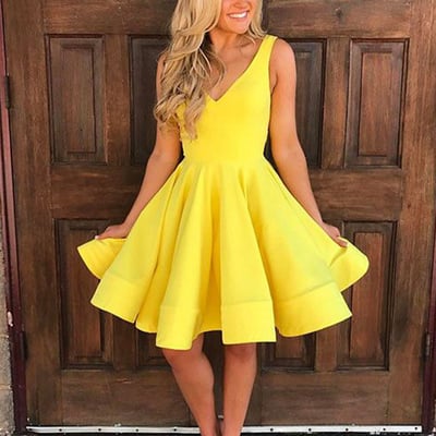 Cute a line v neck open back yellow short homecoming dresses with pockets, short prom dresses under 100 - Thumbnail 4