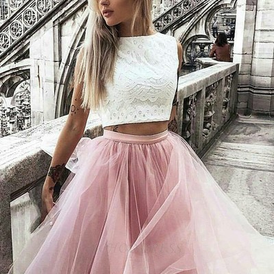 Cute a line bateau neck white and pink short homecoming dresses, two piece tulle short dresses - Thumbnail 2