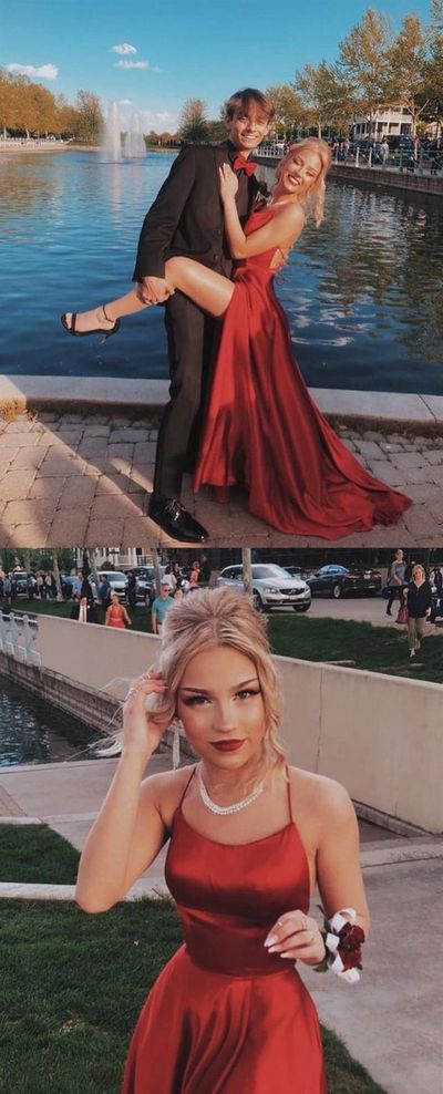 Simple A-Line Dark Red Satin Long Prom Dresses,Cross Back Evening Party Dresses