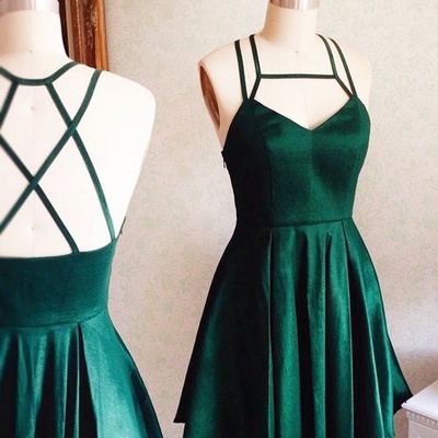 Cute v neck green satin short homecoming dress,spaghetti straps short cocktail dresses - Thumbnail 1