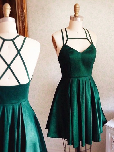 Cute V Neck Green Satin Short Homecoming Dress,Spaghetti Straps Short Cocktail Dresses