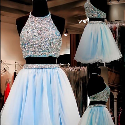 Cute halter light blue short homecoming dress,beading sparkly hoco dresses - Thumbnail 2