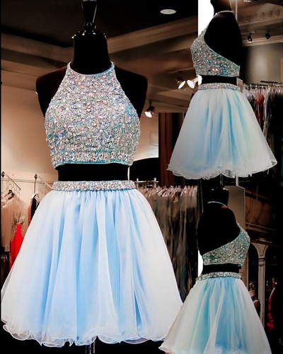 Cute Halter Light Blue Short Homecoming Dress,Beading Sparkly Hoco Dresses