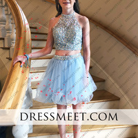 Cute Halter Light Blue Short Homecoming Dress,Beading Sparkly Hoco Dresses - Thumbnail 1