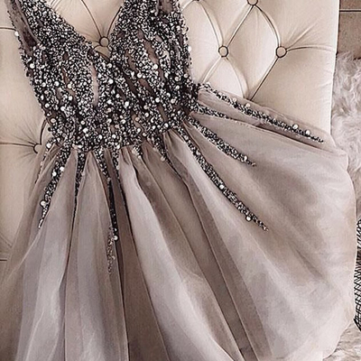 V neck grey short homecoming dress,beading sparkly homecoming dresses - Thumbnail 4