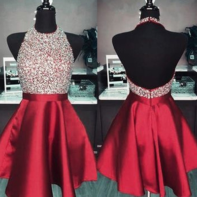 Halter red open back short homecoming dress with pockets,beading sparkly party dresses - Thumbnail 3