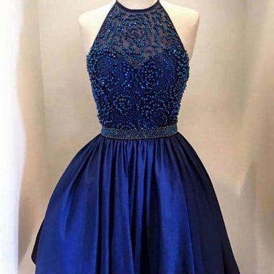 Halter royal blue sparkly short homecoming dress, beading short party dresses - Thumbnail 2