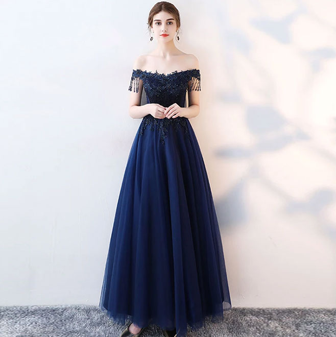 Blue Tulle Beads Long Prom Dress, Blue Evening Dress