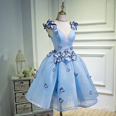 Cute blue butterfly short prom gown, cute homecoming dress.98