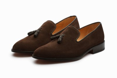 Handmade Dark Brown Suede Loafer Slipper Dress Men's Moccasin Tussles Shoes