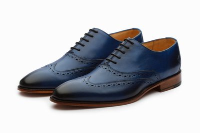 Handmade Blue Wing Tip Lace Up Shoes Designing Leather Shoes, Stylish Dress Formal Shoes