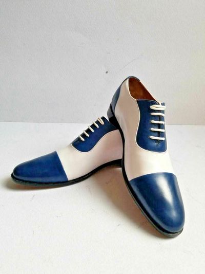Handmade Blue White Lace Up Leather Shoes, Cap Toe Dress Formal Shoes
