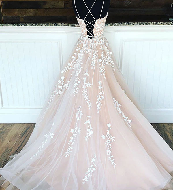 Champagne tulle lace long gown, lace evening dress