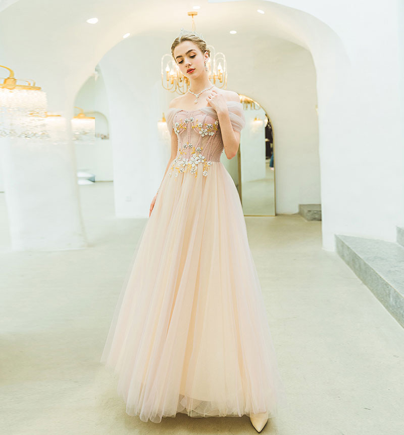 Light pink tulle long prom dress, evening dress