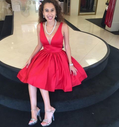 V Neck Red Homecoming Dresses under 100 IKL002