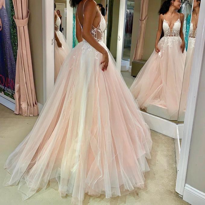 Pink v neck tulle lace long prom dress, pink formal dress