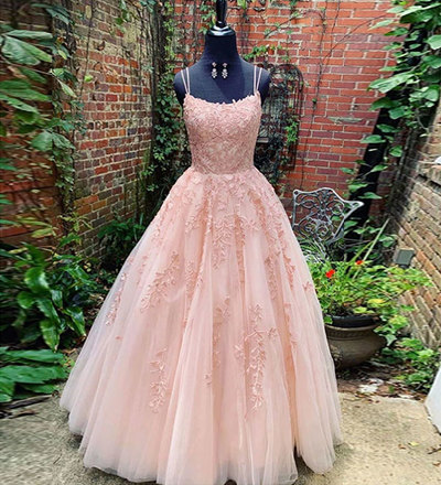 Pink lace tulle long prom gown, formal dress