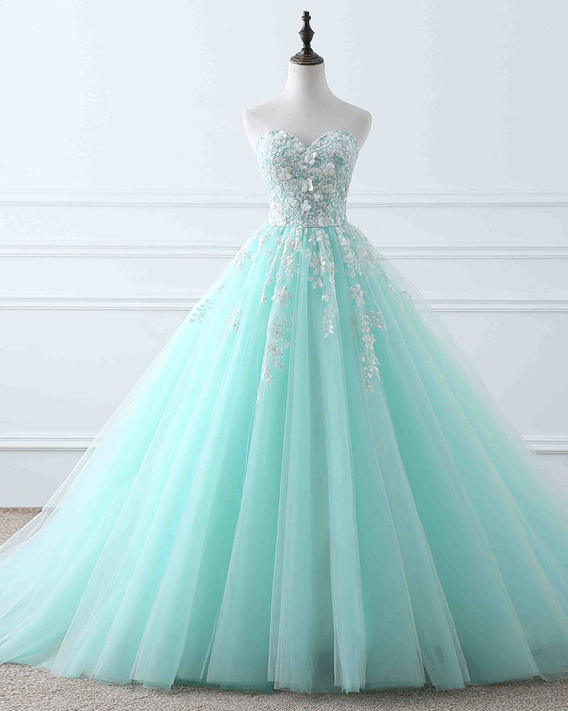 Light blue tulle lace long prom dress, evening dress