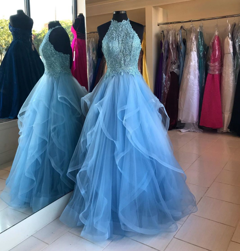 Blue lace tulle long prom dress, evening dress