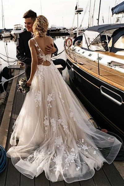 A Line Floral Appliques Beach Wedding Dresses Backless Tulle Boho Wedding Gowns,106