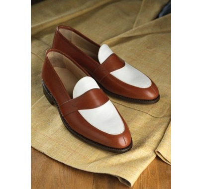 Handmade Men's Brown white leather slip owns shoes