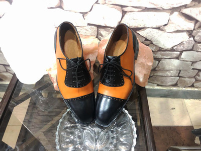 Handmade Black Brown Leather Cap Toe shoes for men's