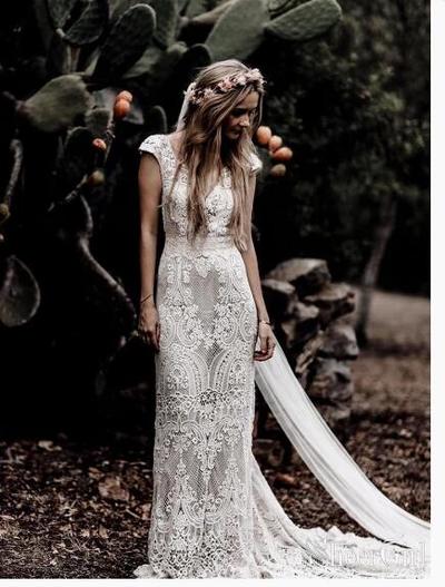 Vintage Lace Rustic Wedding Dresses Cap Sleeve Sheath Boho Wedding Dress