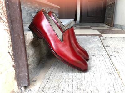 Handmade Men's Burgundy leather slip owns Moccasin shoes