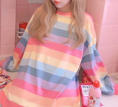 Pastel Rainbow Stripe Long Sleeve Oversize Sweatshirt