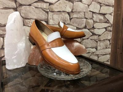 Handmade Men's Brown White leather Split Toe Slip On Loafers shoes